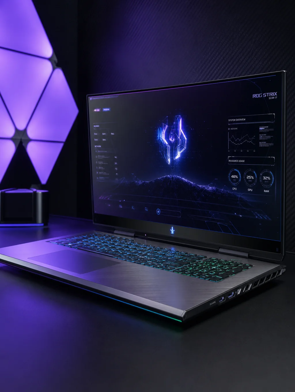 Open gaming laptop with angular chassis, orange and red RGB backlit keyboard, and glowing edge accents on a dark reflective surface